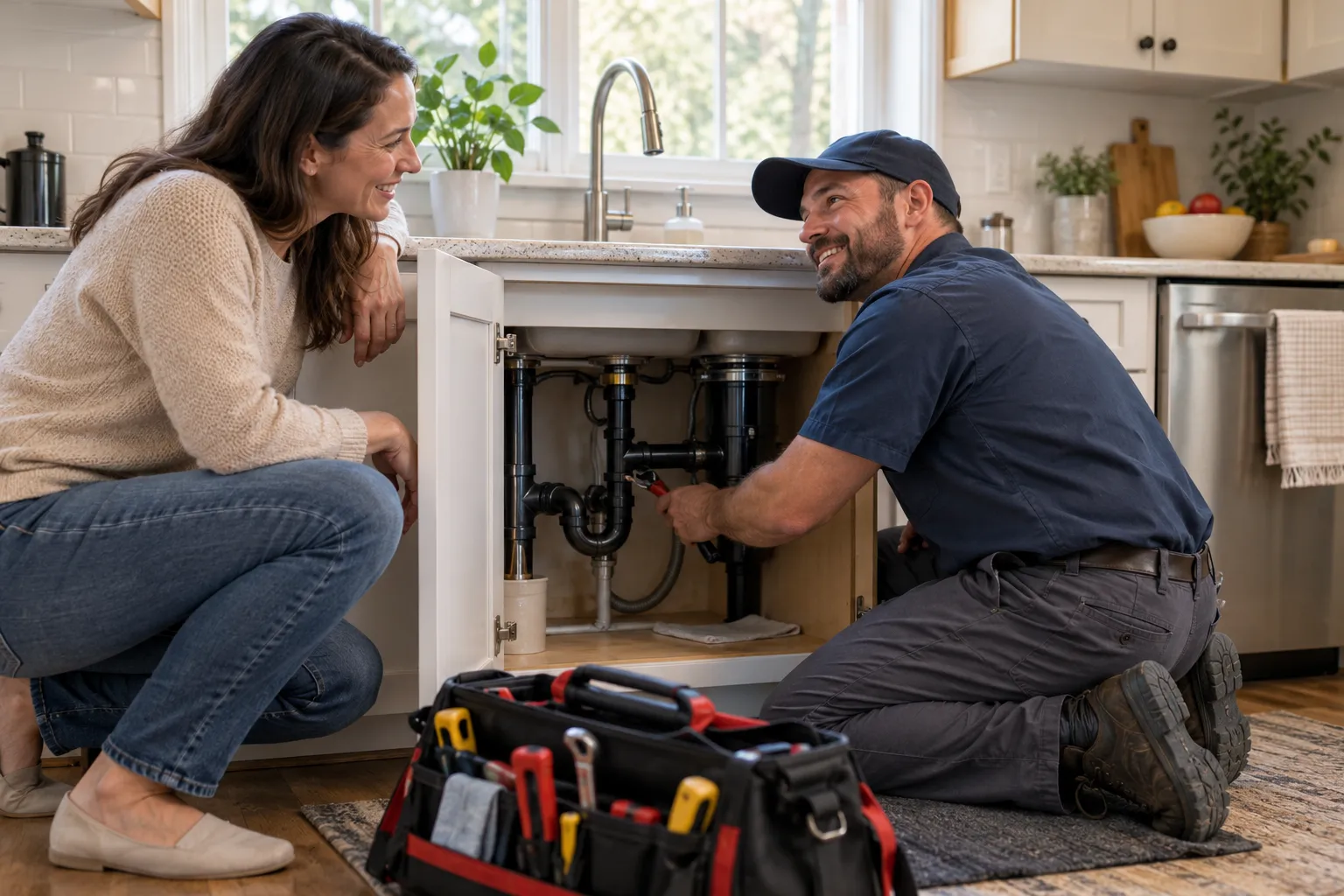 A friendly local plumber talking with a homeowner beside a kitchen sink in Kenner